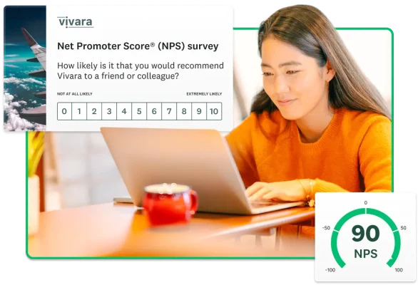 Woman smiling at her laptop. Next to her are screenshots of a SurveyMonkey Net Promoter Score (NPS) survey and an NPS score of 90.