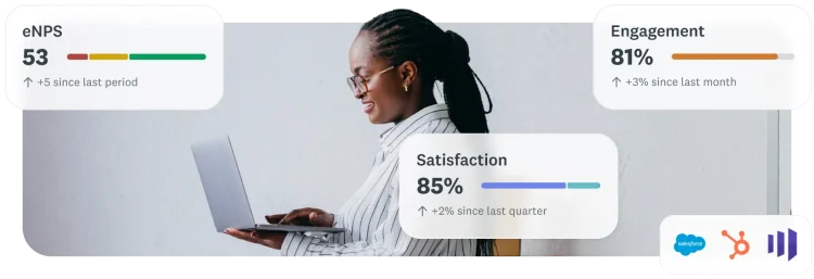 Woman typing on laptop, next to statistics about engagement and satisfaction and eNPS being up