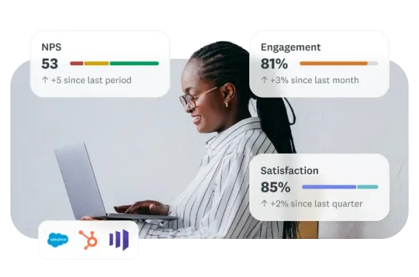 Woman typing on laptop, next to statistics about engagement and satisfaction and eNPS being up