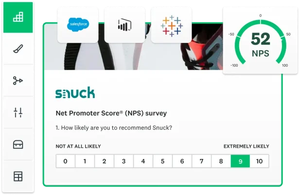 Screenshots of a SurveyMonkey NPS question (asking how likely you are to recommend a company), survey customization options, tools to integrate your survey with, and a final NPS score of 52