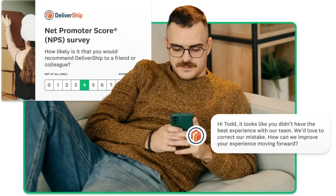 Man lounging on couch answering an NPS question, giving the company DeliverShip a rating of 4 out of 10. Next to him is a screenshot asking how the company can improve his experience moving forward