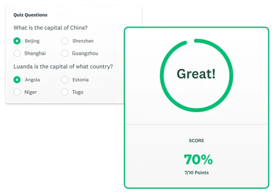Screenshot of SurveyMonkey quiz about country capitals, with a score of 70% next to it