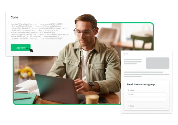 Man sitting at desk and using laptop with product screenshots floating around him