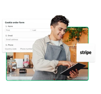 A man holding a laptop with the stripe logo and product screenshots floating around him
