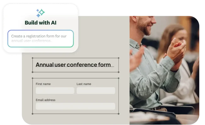 A person filling out an annual user conference form with a pop-up showing an AI prompt
