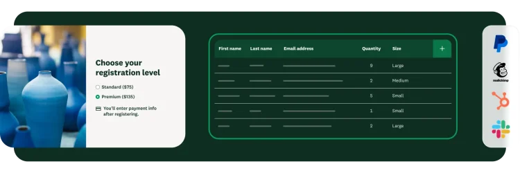 A screen showing event registration options, a table of attendee data, and integration logos