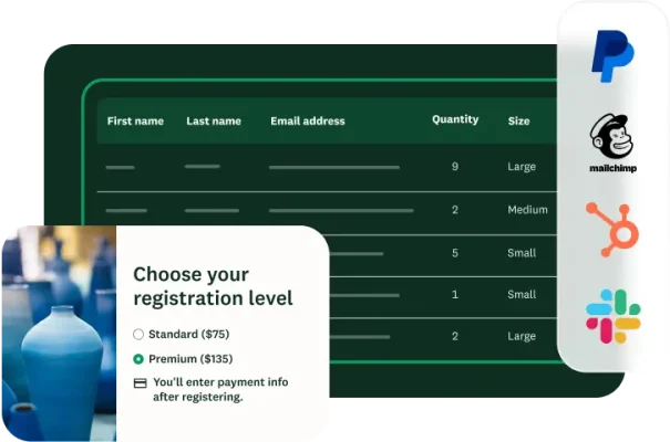 A screen showing event registration options, a table of attendee data, and integration logos