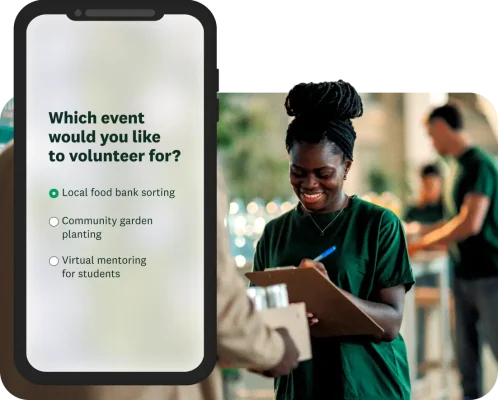 A person walking down the street and looking at a mobile survey for volunteer sign-ups