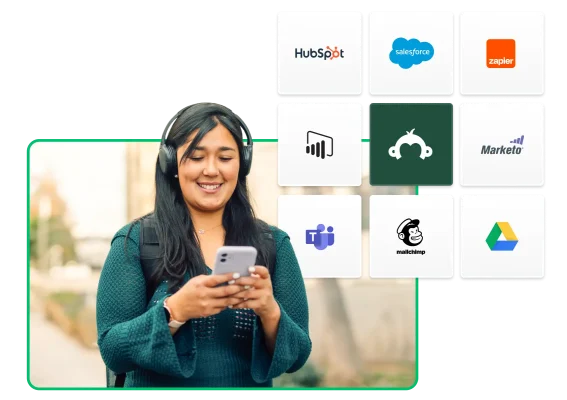 Woman wearing headphones and using a phone with integration logoes floating around her.