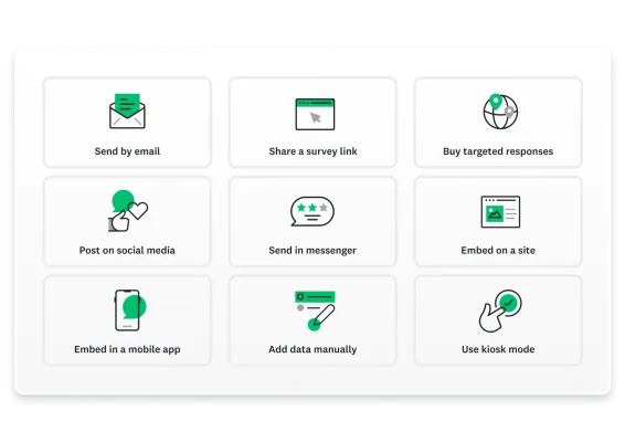 Product screenshot with icons showing ways to send surveys to gather data.