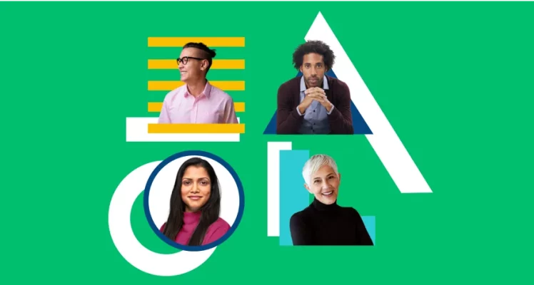 Headshots of four people of different age and genders