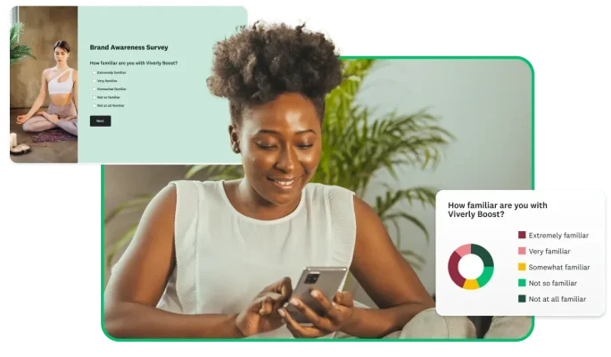 Woman typing on phone next to screenshot of brand awareness survey and chart showing results