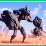 Image of a large video game character made up of rocks standing in a desert environment