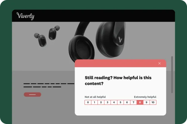 A website page for Viverly headphones with a popup survey asking about content helpfulness.