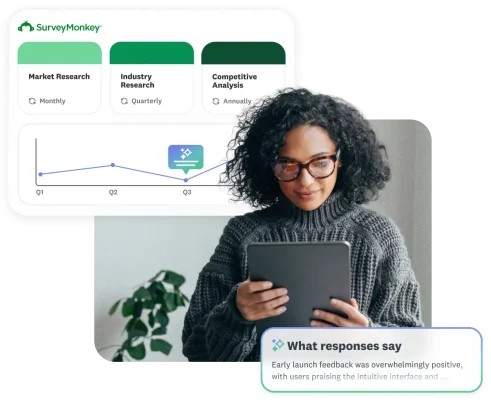 A woman looking at tablet displaying marketing research results
