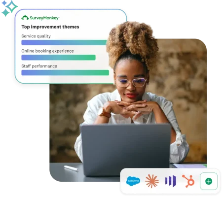 Woman using laptop with SurveyMonkey insights overlay showing top CX and EX improvement themes