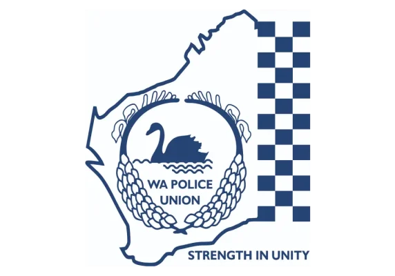 Le logo du syndicat WA Police Union, représentant une carte stylisée de l’Australie-Occidentale avec au centre, l’emblème d’un cygne et en bas, la devise « STRENGTH IN UNITY » (qui signifie « L’union fait la force »).