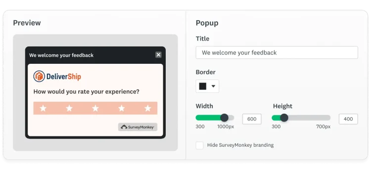 A screen showing the configuration options for a DeliverShip web popup collector, allowing customization of the title, border, width, and height.