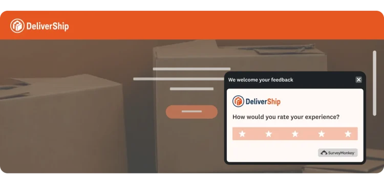 A website view of cardboard boxes with a DeliverShip customer feedback popup survey in the corner.