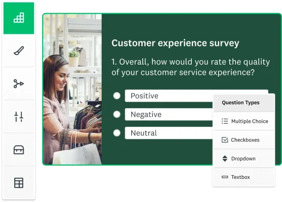 A customer experience survey question with 3 answer options, and a dropdown listing different question types
