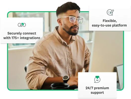 Customer with glasses looking at their computer. Around them are bubbles reading “Securely connect with 175+ integrations”, “Flexible, easy-to-use platform” and “24/7 premium support”.