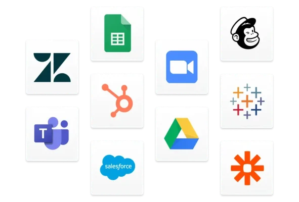 Ikoner av integrasjoner fra Zendesk, Google Drive, Mailchimp med mer