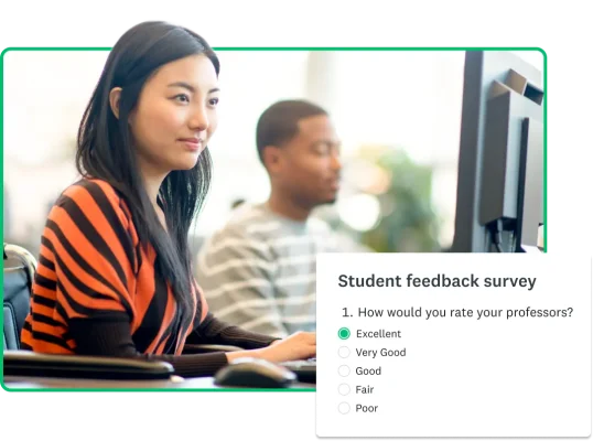 Two students typing on computers next to a screenshot of a student feedback survey