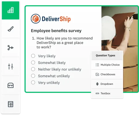 Screenshot of an employee engagement survey created using SurveyMonkey, asking the user how likely it is that they would recommend their employer as a great place to work