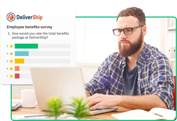 Man typing on a laptop next to a screenshot showing the results of employees’ ratings of their benefit package in a survey created using SurveyMonkey