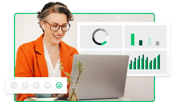 Woman working on laptop, next to images of charts and graphs