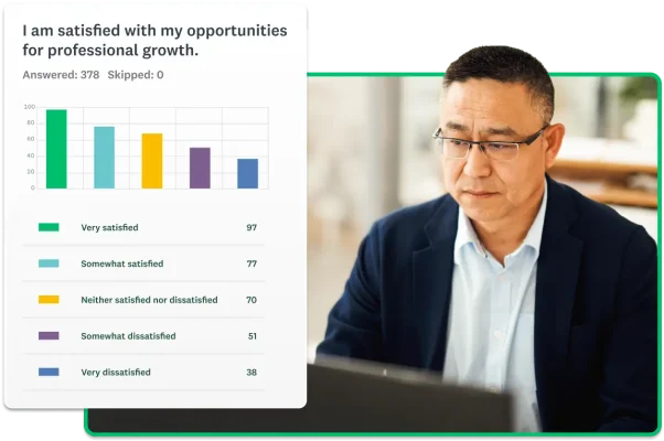 Man in suit looking at laptop, next to bar chart results for the statement - I am satisfied with my opportunities for professional growth.