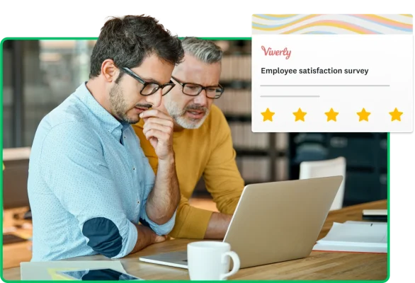 Two people looking at a laptop screen together, next to screenshot of employee satisfaction survey