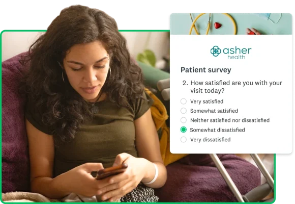 Woman typing on a phone, next to a screenshot of a patient survey