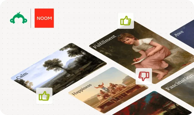 Interactive survey cards with emotion labels and thumbs-up icons featuring the Noom logo