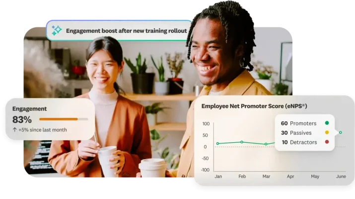 Two colleagues smiling together with employee engagement metrics and eNPS score data overlaid