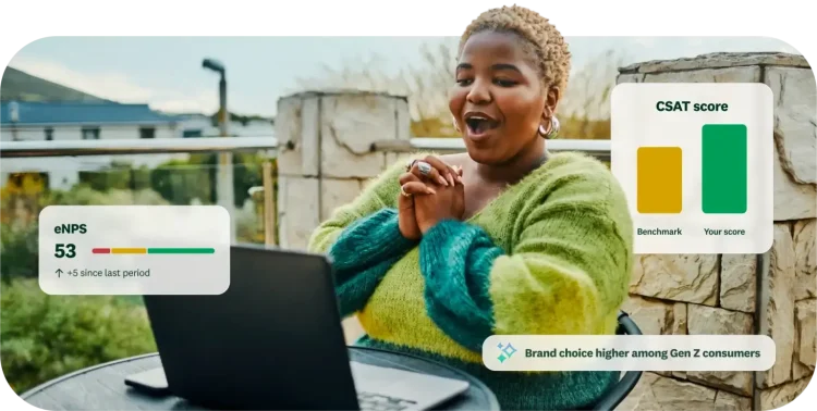 Happy woman celebrating in front of a laptop with CSAT and eNPS score cards displayed