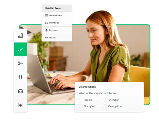 Smiling woman typing on a laptop with a screenshot of SurveyMonkey quiz creation tools next to her