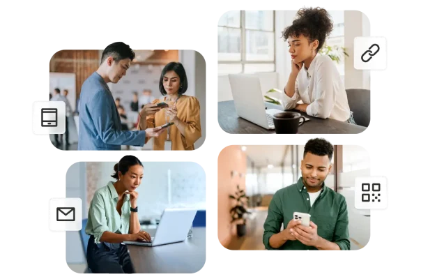 Diverse group of people accessing online surveys across mobile devices and laptops