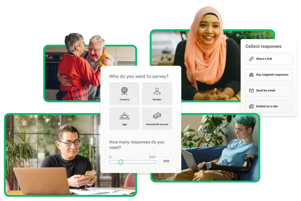 An elderly couple dancing, a smiling person wearing a pink hijab, a younger person with a prosthetic arm using their computer, and an older person with glasses looking at their phone. Next to them are screenshots asking "Who do you want to survey?" "How many responses do you need?" and options for collecting survey responses