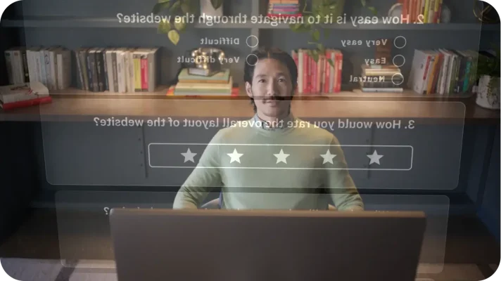 Interactive video survey overlay featuring a host and star rating scale