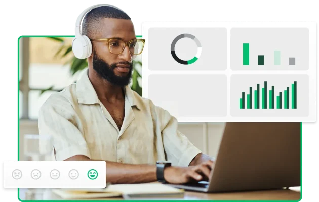 Man working on laptop, next to screenshots of charts and graphs