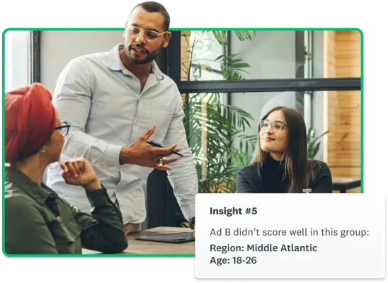 Group of people sitting around a conference table and talking, next to screenshot of survey insights