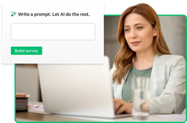 A women on her computer with a product screenshot floating around her