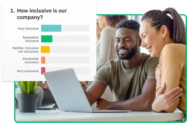 Two people looking at a computer with a product screenshot of survey data floating around them