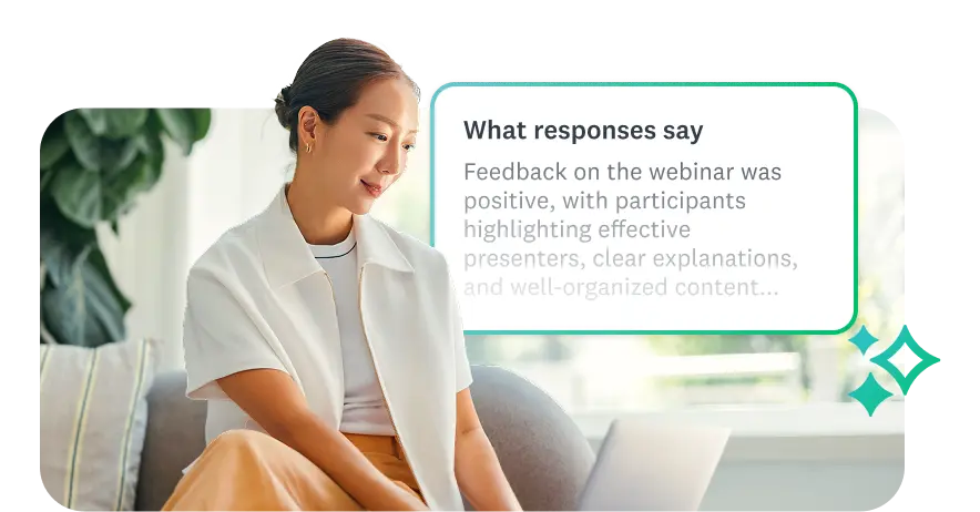 Woman looking at laptop screen, next to modal that says What responses say