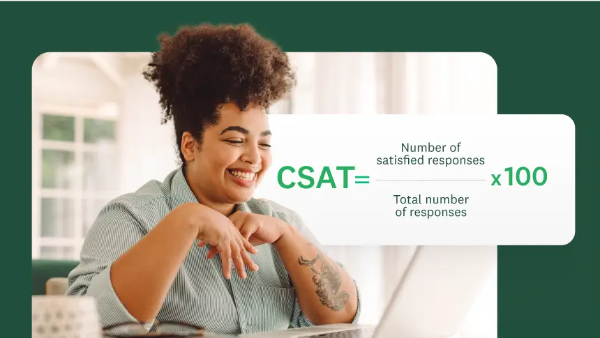 A smiling woman with a laptop, with a graphic overlay that shows the formula for calculating CSAT: (Number of satisfied responses / Total number of responses) x 100.
