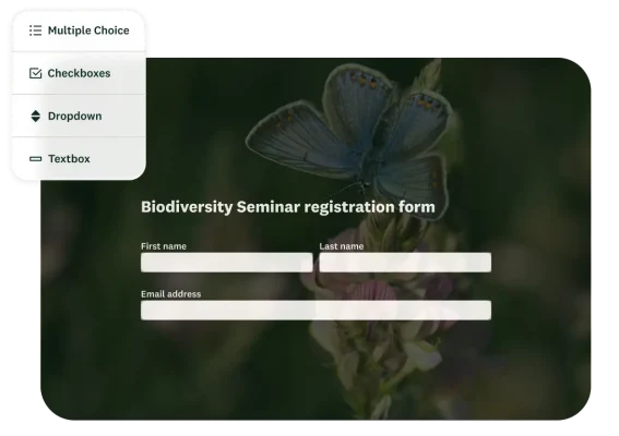 SurveyMonkey free plan question types — multiple choice, checkboxes, dropdown, and textbox — shown alongside a sample event registration form
