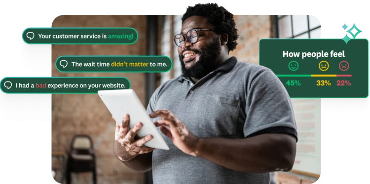 A man is looking at a tablet. Overlaid conversation bubbles contain customer feedback, such as "Your customer service is amazing!" and "I had a bad experience on your website." A graphic shows a breakdown of sentiment with icons for happy, neutral, and sad faces.