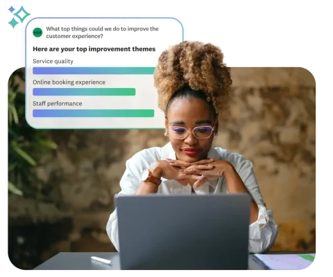 SurveyMonkey AI analysis surfacing top customer experience improvement themes: service quality, online booking, and staff performance