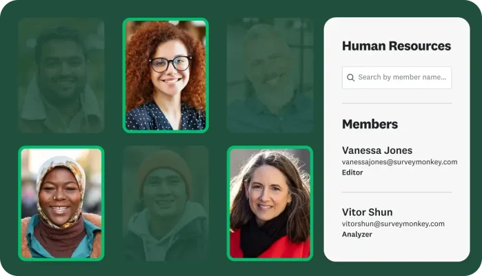Photos of different people, with a box next to it showing Human Resources members, their names, emails, and level of access